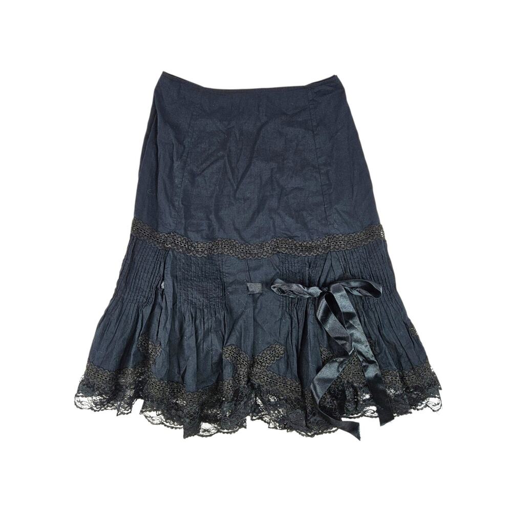 Vintage Betsey Johnson Skirt Whimsygoth Lace Ruffle Black Satin Bow - Size Small